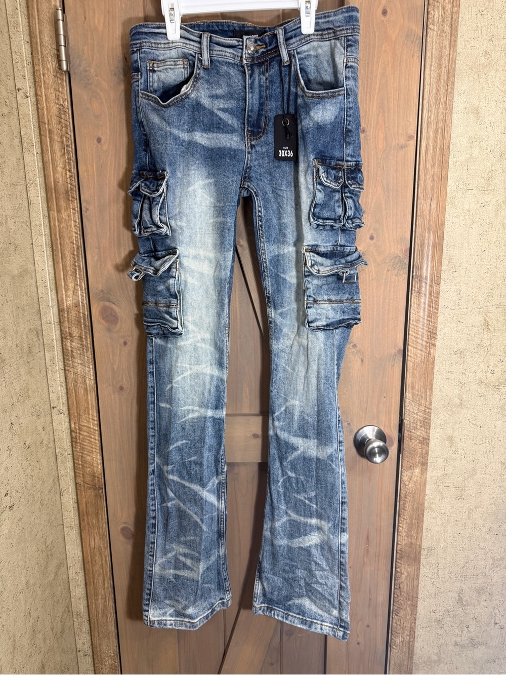 Men's Stacked Cargo Jeans with Washed Distress
